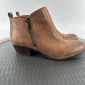 Lucky Brand Basel double side zip Brown leather ankle booties Womens sz 8 Heeled